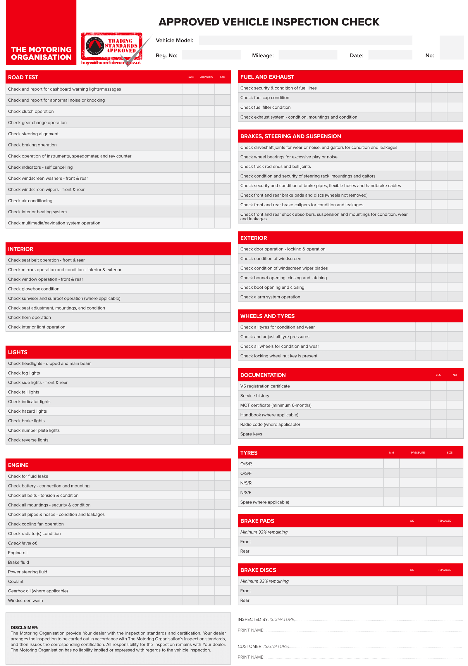 TMO Approve Dealer Inspection Sheet